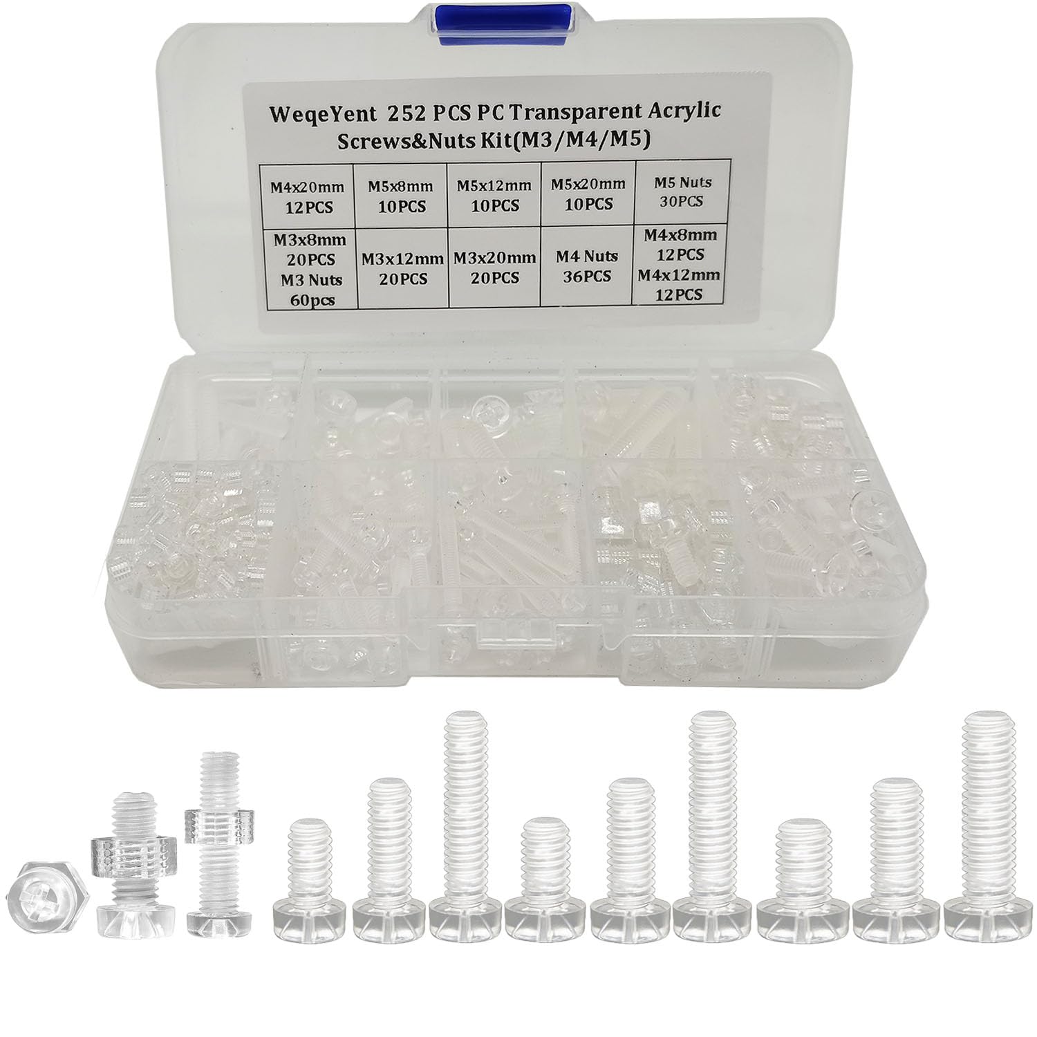 252 Pcs M3/M4/M5 Plastic Clear Screws, Phillips Cross Pan Head Machine Screws, Transparent Acrylic Bolts and Nuts for Electronics Decoration Container