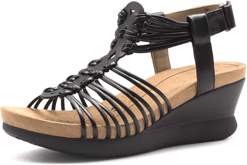 Amazon.com | Alaruba Women's Adjustable Hook and Loop Woven Straps Wedge Sandal Faux Leather 