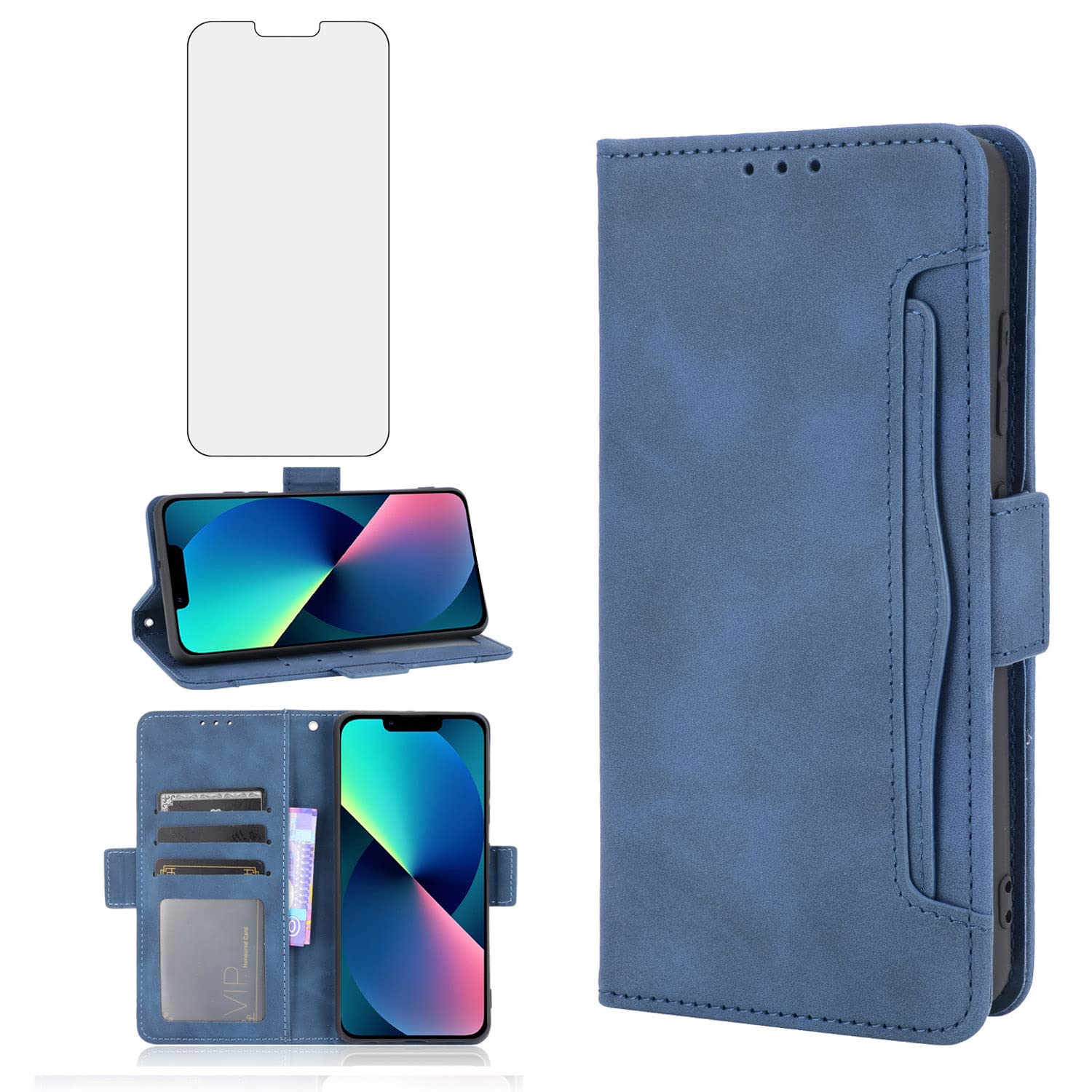 Asuwish Compatible with iPhone 13 Pro 6.1 inch Wallet Case and Tempered Glass Screen Protector Card Holder Cell Accessories Phone Cover for iPhone13Pro 5G i i-Phone i13 iPhone13 13Pro Women Men Blue