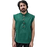 KUOIN Medieval Shirt for Men Linen Pirate Sleeveless Tunic with Retro Button