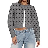 KIGRAD Women Y2k Polka Dot Button Up Open Front Crop Cardigan Sweater Long Sleeve Crewneck Knit Tops Cute Fall Outfits