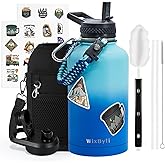 WixByti 64 oz Insulated Water Bottle with Straw (Cold for 48 Hrs), Half Gallon Stainless Steel Triple Wall Vacuum Sports Water Jug, Leakproof Hydro Cup Flask with Straw Spout Lids & DIY Stickers
