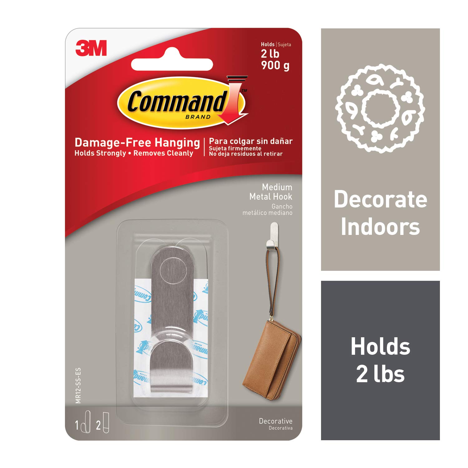 Command 2 lb Capacity Silver Metal Hook, Indoor Use, Medium, Decorate Damage-Free (MR12-SS-ES)