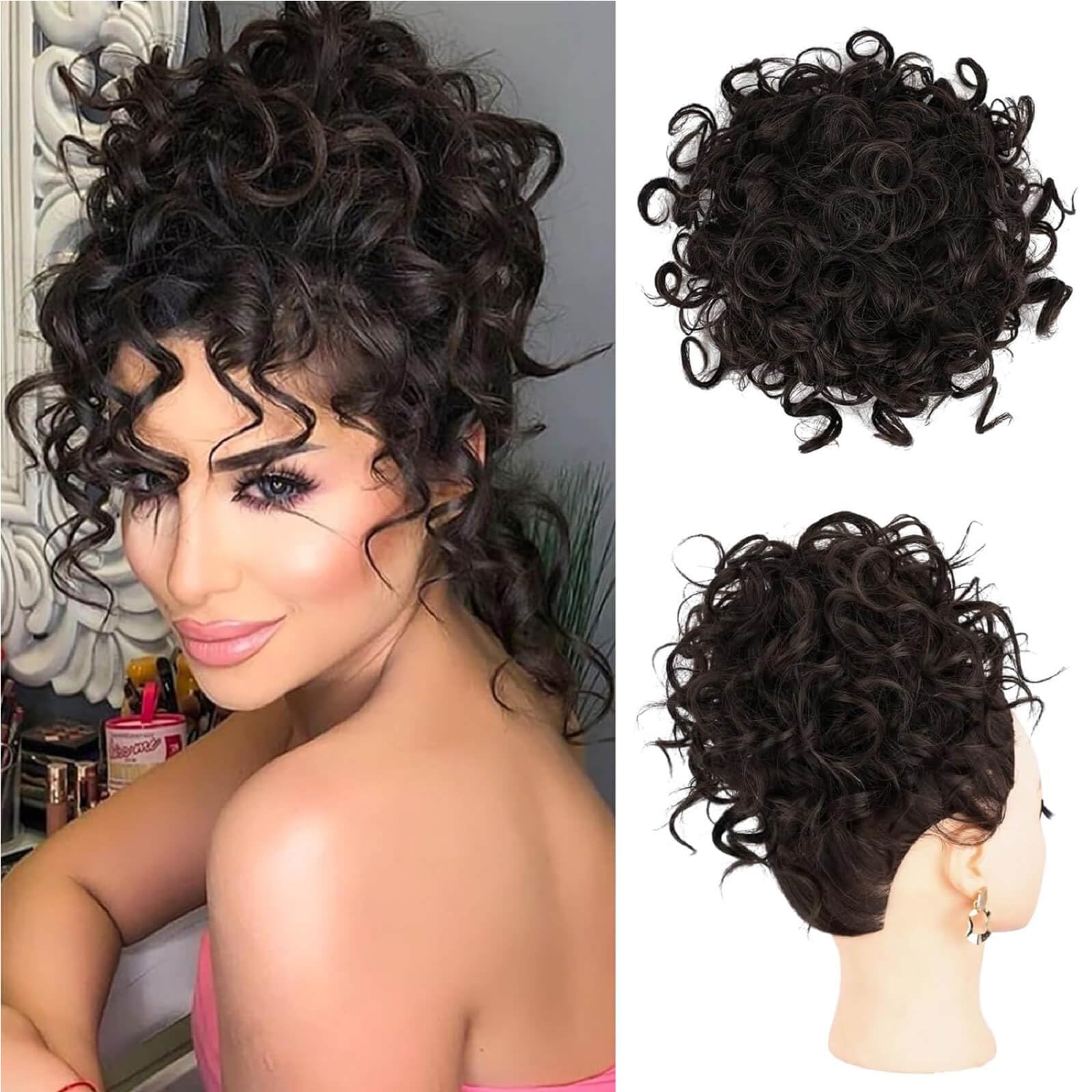 Flyroseing Medium Brown Messy Bun Hair Piece,Short Curly Elastic Drawstring Hair Bun Extensions,Synthetic Fake Hair Curly Bun Hair Piece Clip for Women