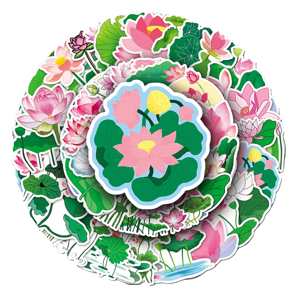 Exquite Lotus Flower Vinyl Stickers, 50 PCS Pink Lotus & Lily Pad Decals for Journals, Scrapbooking, Laptops, Water Bottles, Planners, Notebooks & DIY Decor