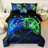 ZSYAYAHA Full Gamer Comforter Set for Kids Blue Green 3D Gaming Bedding Set Teens Boys Gamepad Bed in A Bag Soft Microfiber 6 Pieces Video Game Console Bed Sets with Sheets(Blue Green, Full)