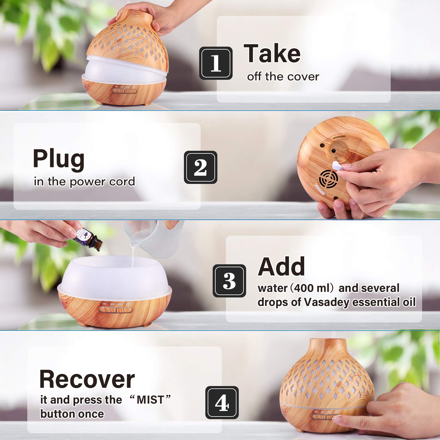 Essential Oil Diffuser with Oils, VSADEY 400ml Aromatherapy Diffuser with 8 Essential Oils Set, Diffusers for Essential Oils with 4 Timer & 7 Ambient Light Settings, Auto Shut-Off : Beauty