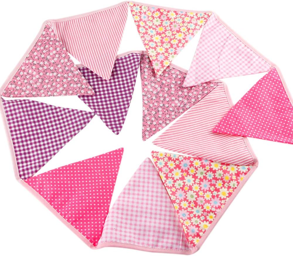 G2PLUS Double Sided Fabric Bunting Banner, Two Layer Triangle Floral Bunting, 3.3M with 12PCS Pink Floral Pennants - Image 4