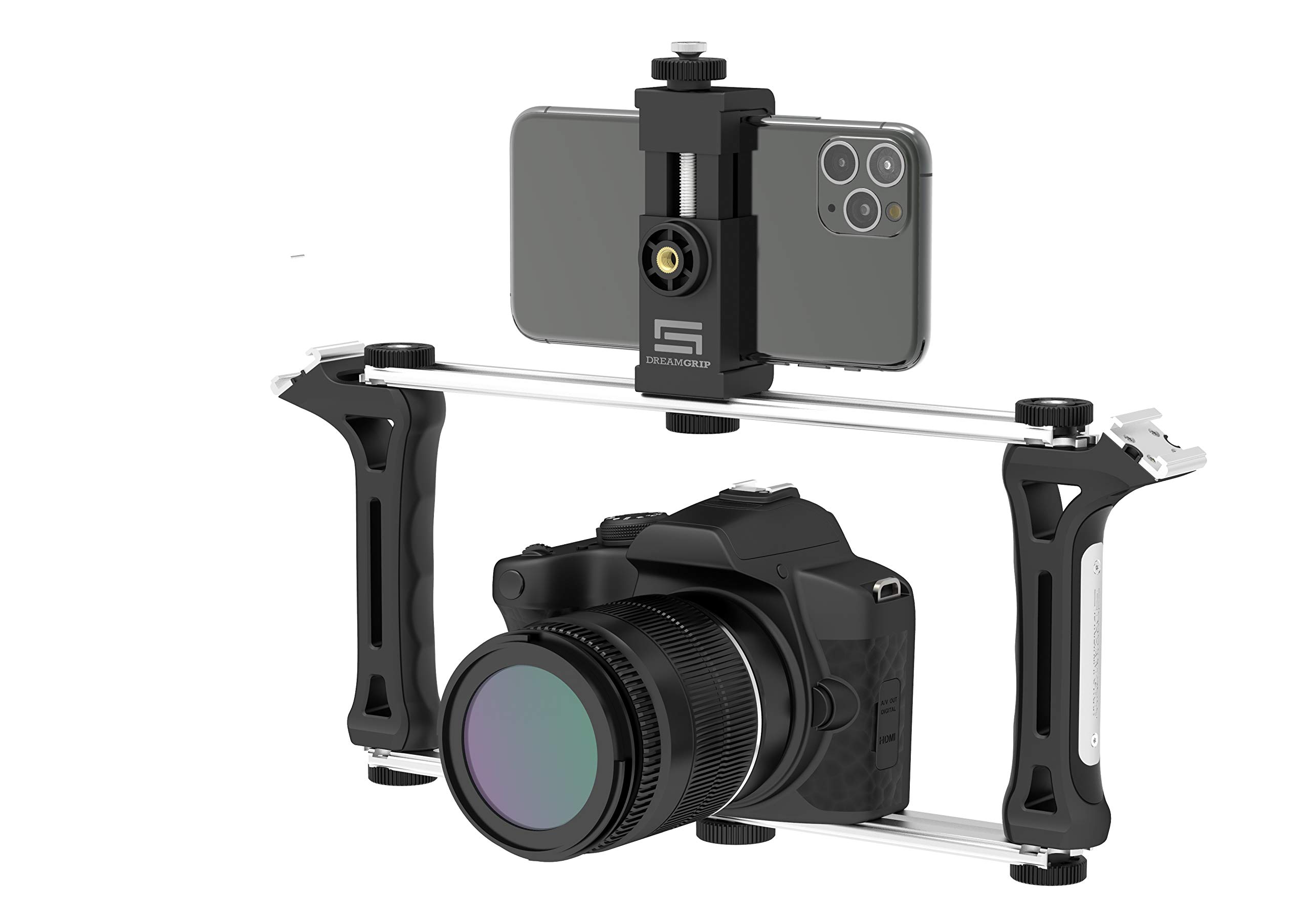DREAMGRIP Evolution FRAME Universal Modular Video Rig – Filming Case with 2 Stabilizing Grips, 2 Tracks, 2 Smartphone Holders, Tripod Adapter-for iPhone 11 Pro-Max-XS,Samsung,Google Pixel,Huawei etc