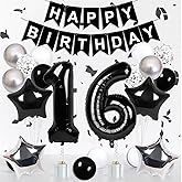 Happy 16th Birthday Decorations For Boys Girls, Black 16 Balloon Numbers 40 Inch, Black Happy Birthday Banner, 16 Birthday Balloons For Silver And Black Birthday Decorations