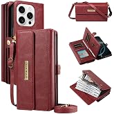 Caseurban for iPhone 16 Pro Max Wallet Phone Case Women with Card Holder | RFID Blocking, Credit Card Slots, PU Leather Flip Phone Cover, Wrist Strap Crossbody Lanyard, Zipper Purse, Kickstand, Red