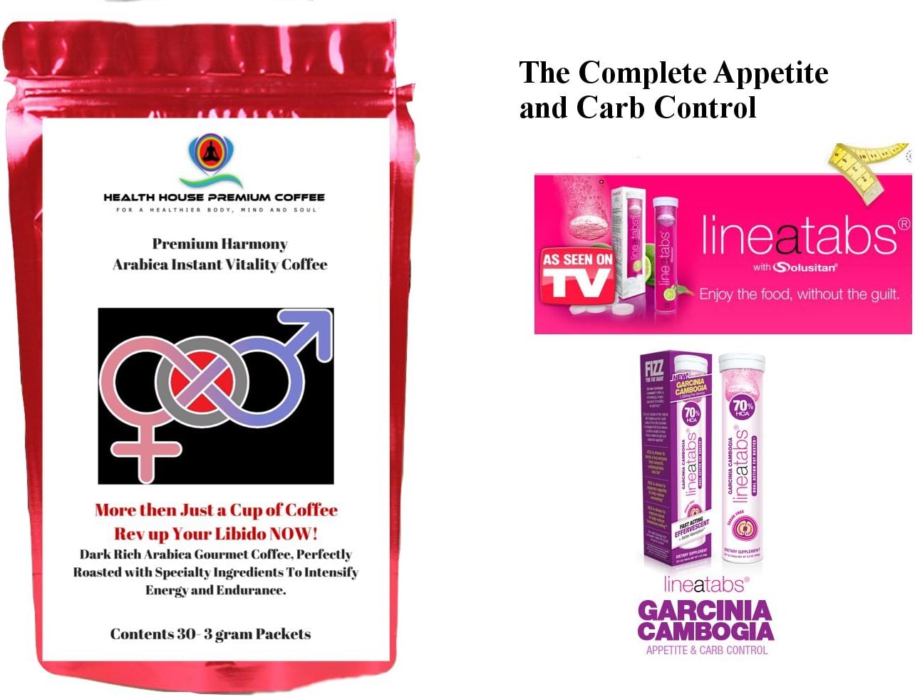 Harmony Instant Coffee, Healthy Coffee, Weight Loss Diet, Fat Burners for Men & Women ++ Bonus 20 Tablets of Garcinia Cambogia, 70% HCA Lineatabs!