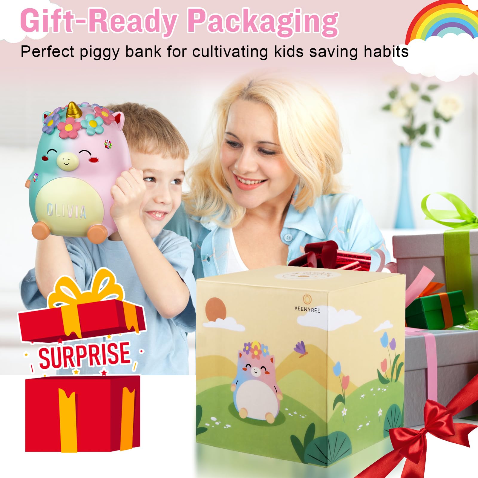 Unicorn Piggy Bank Girls – Cute Rainbow Kids Piggy Bank for Girls, Personalized Unbreakable Resin Coin Money Bank for Kids with Stickers for Toddlers… (Rainbow)