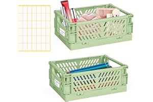 Yafeco 2-Pack Mini Collapsible Storage Box,Foldable Plastic Baskets with tags,Storage Crates for Desk Organizers Home Kitchen Bedroom Bathroom Office Tool Small Parts (green, 5.9x3.8x2.2'')