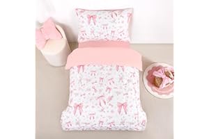 Jundetye Toddler Bedding Set for Girls 4 Pieces Pink Rose, Soft Breathable Toddler Comforter Set, Bow Flower Print, Includes Reversible Comforter, Fitted Sheet and Flat Sheet, Pillowcase