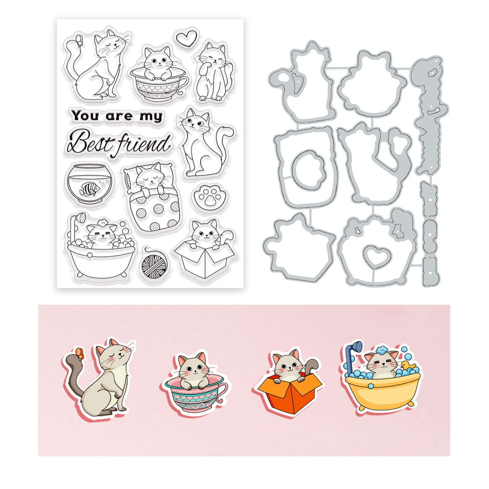BENECREAT 2pcs Clear Stamp and Cutting Die, Cat Pattern Stamps and Dies for Card Making, Cat Bathing, Playing and Sleeping for Holiday Card Making Decoration