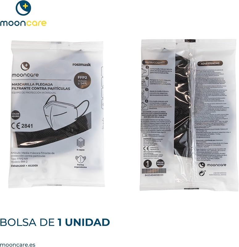 Mascarillas FFP2 Certificada/Homologada CE, Pack 100/50 Unidades, Talla para Adulto, 5 Capas, Eficacia Filtración > 94% (Negro) — foto 4 de 7