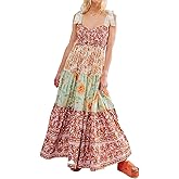 ABYOVRT Women Floral Maxi Dress Tie Shoulder Patchwork Smocked Flowy Boho Dress with Pockets Summer Vacation Sundress