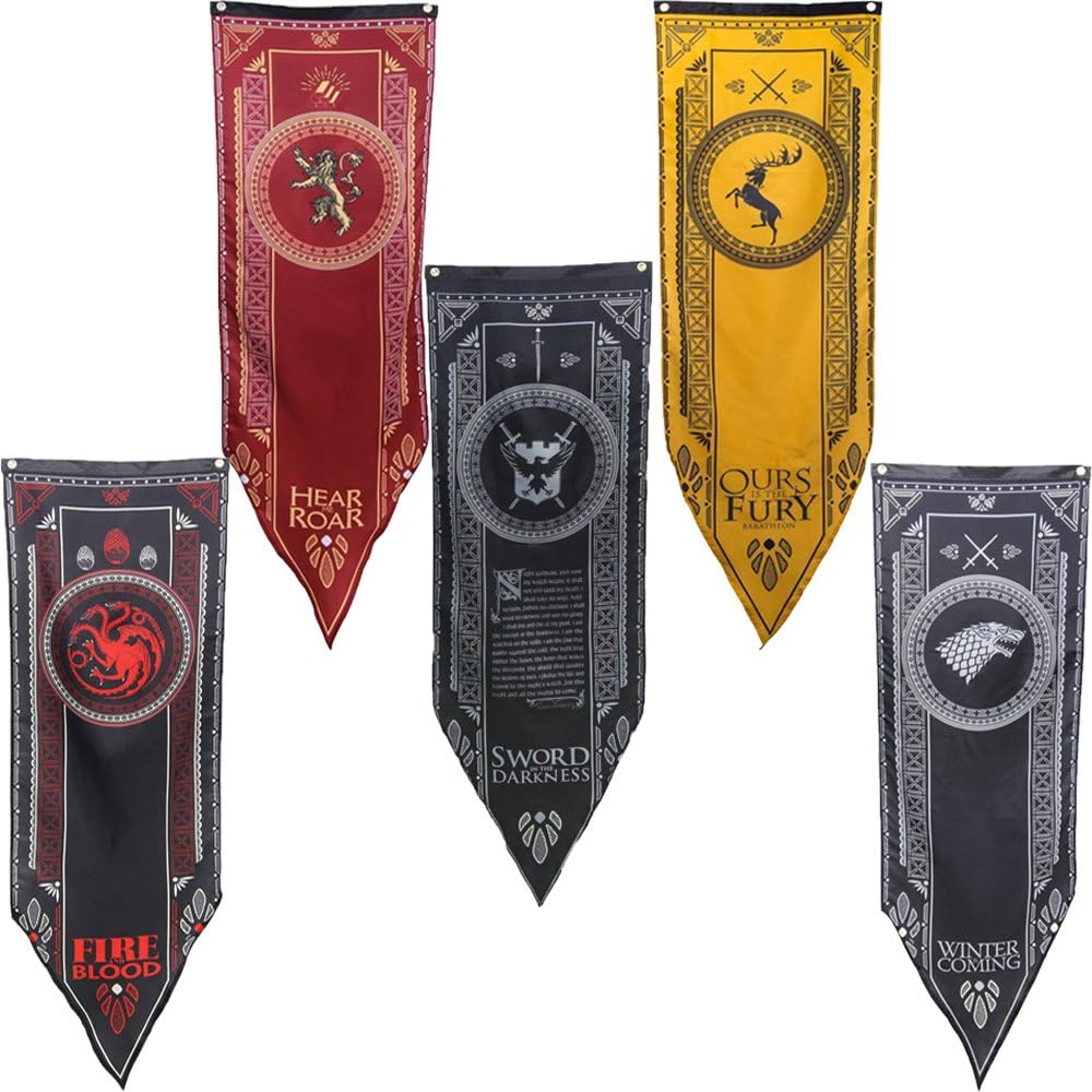 GOT Tournament Banners 5pc. Set - House Stark, Lannister, Targaryen, Baratheon, Night's Watch | Double Sided Print