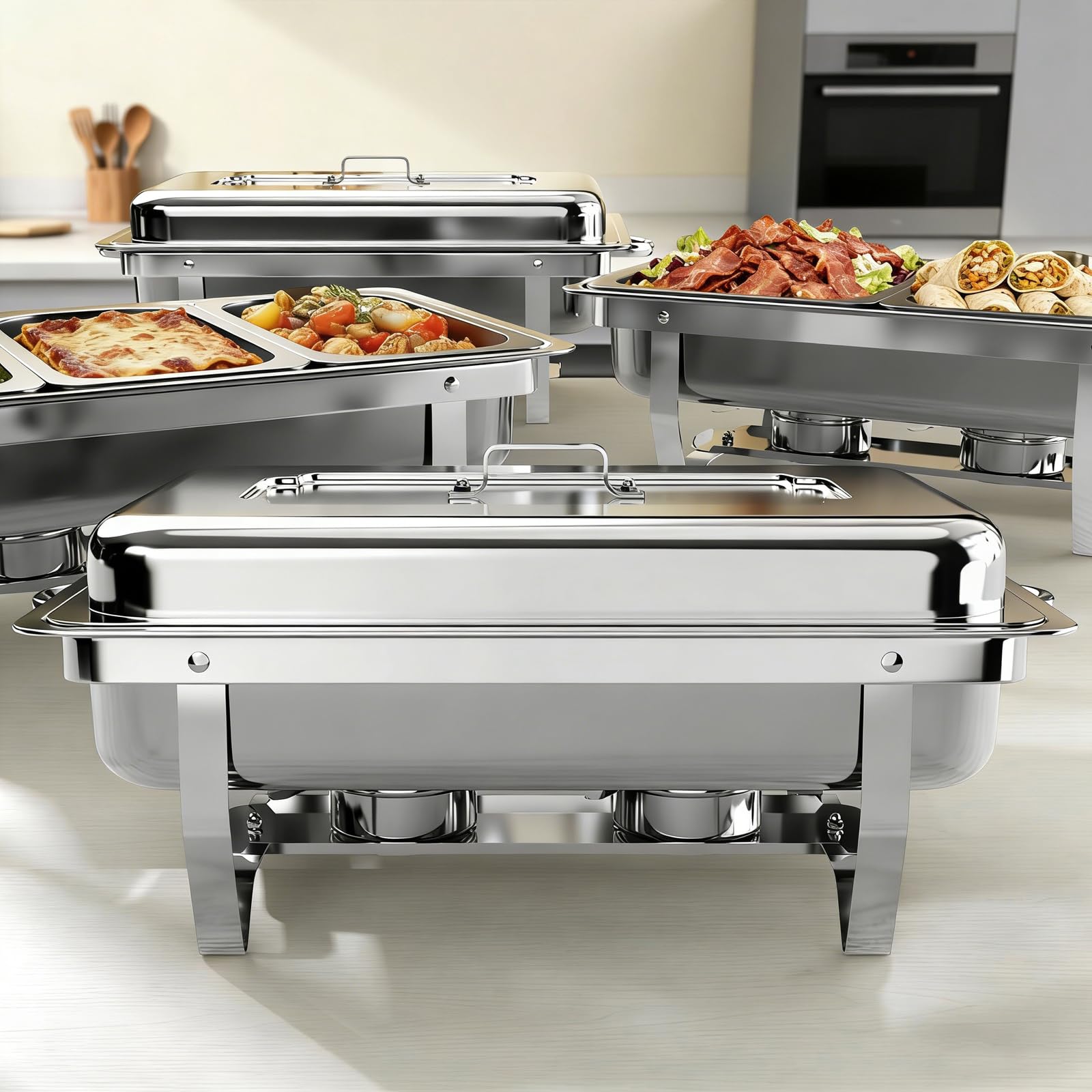 Photo 1 of Amhier Chafing Dishes for Buffet 9Qt 4 Pack [Multi-Size Food Pans] Stainless Steel Chafing Dishes [Sturdy and Durable] Chafing Dish Buffet Set for Weddings & Parties & Festival, Silver