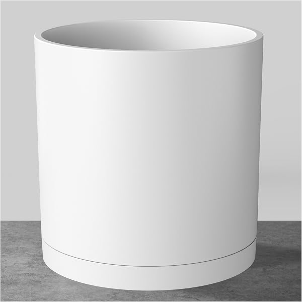 FAITHLAND 8-INCH MODERN CYLINDER PLANTER, THICK-WALLED PLASTIC PLANT POT WITH DRAINAGE HOLES AND DETACHABLE SAUCER, MATTE WHITE, IDEAL FOR INDOOR & OUTDOOR PLANTS FLOWERS