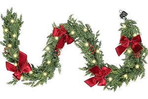 HipTree 9ft Christmas Garland with Lights,Lighted Cedar Garland for Mantle,Prelit Real Touch Artificial Green Christmas Winter Garland with Large Burgundy Velvet Bow for Indoor Outdoor Decor