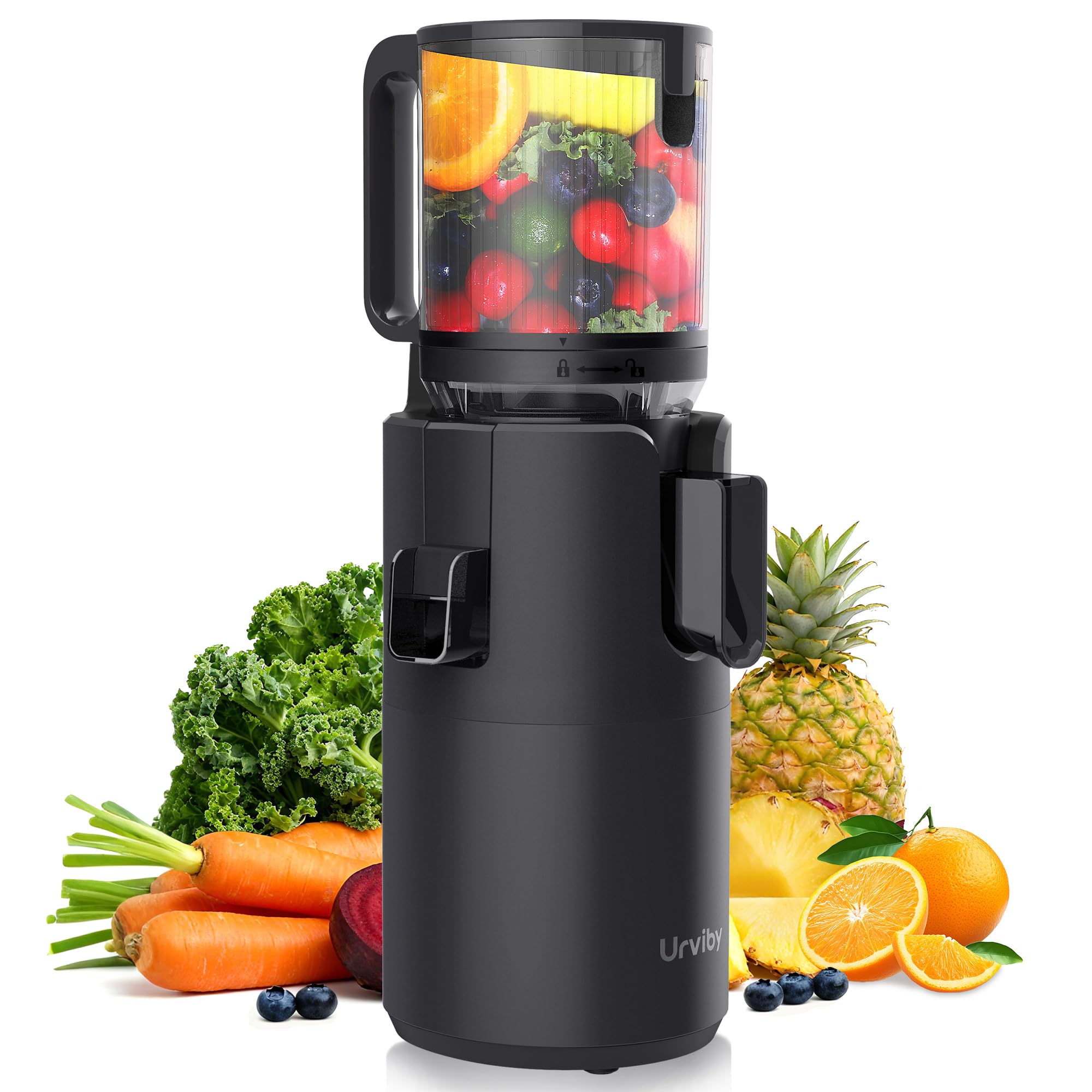 Photo 1 of URVIBY Juicer Machines, 5.3" Large Feed Chute Cold Press Juicer with Double Press Technology, 400W Motor, High Juice Yield, Easy to Clean, Masticating Juicer for Whole Vegetables & Fruits, Black