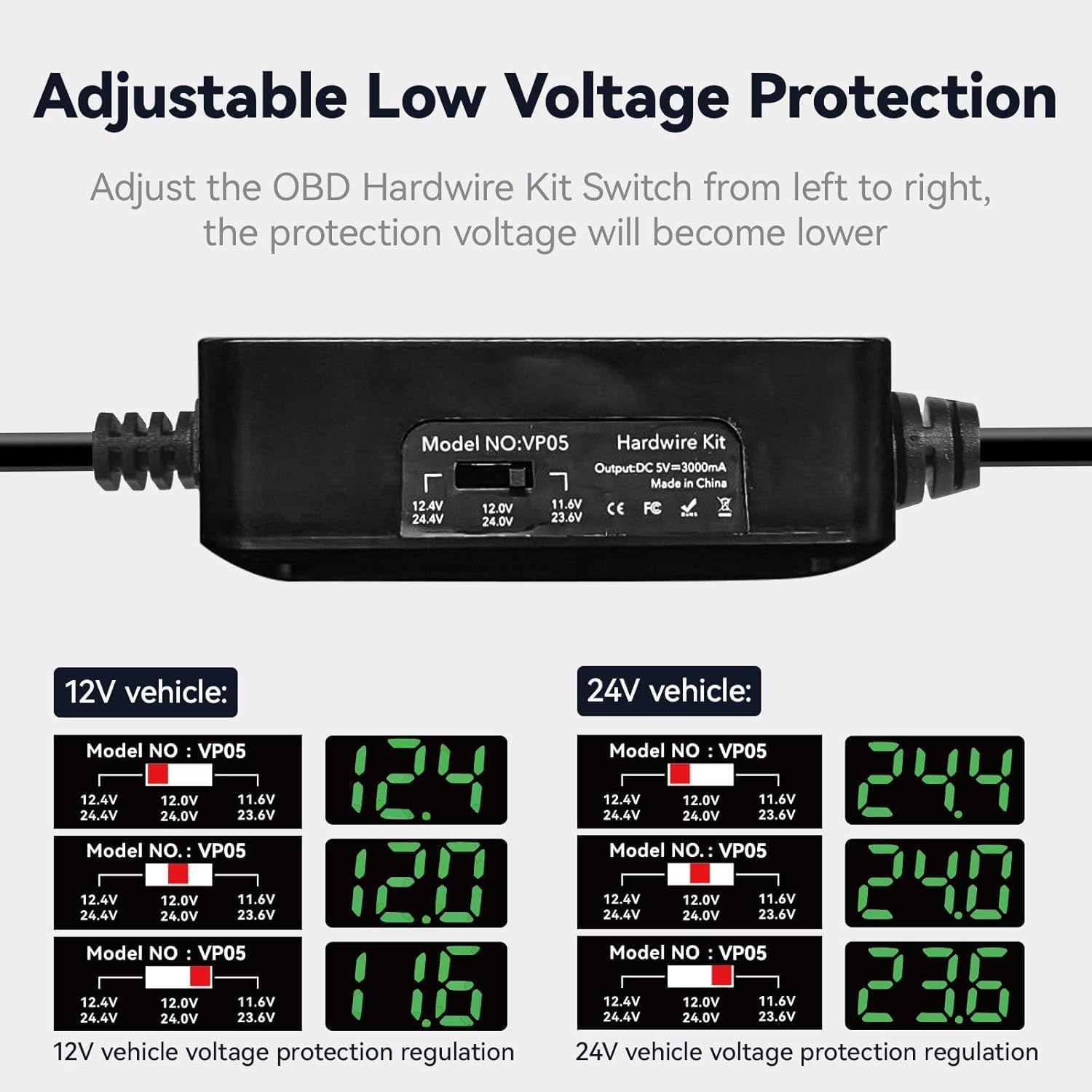 REDTIGER Dash Cam OBD Hardwire Kit Power Cable Type USB C Port,10FT 12V-24V to 5V,for Dash Camera, Low Voltage Protection