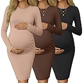 Riyiper 3 Pack Women's Long Sleeve Maternity Dresses Ruched Pregnancy Crew Neck Dresses Mama Slim Stretchy Winter Clothes
