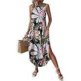 Zeagoo Women Floral Summer Casual Beach Printed Tank Dress with Pockets Pleated Front Long Dress