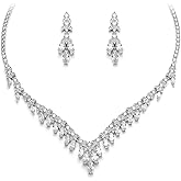 Crysdue Wedding Bridal Jewelry Sets for Women Brides Bridesmaid, Gorgeous Sparkly Cubic Zirconia Marquise Leaf Cluster Necklace Dangle Earrings for Prom Party Pageant