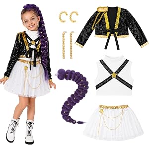 Behufun Girls Halloween Costume, Pop Singer Costume, Sequin Jackets Skirts with Purple Braid for Birthday Party, 4-12 Years