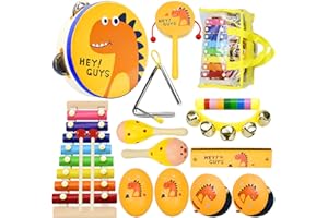 RAOVCUS Toddlers Musical Instruments for Baby 1-3,Wooden Music Toys Set | Percussion Drum,Xylophone,Maracas Shakers,Tambourine | 14 PCS Dinosaur Instrumentos Musicales para Niños Kit for Kids Early Education