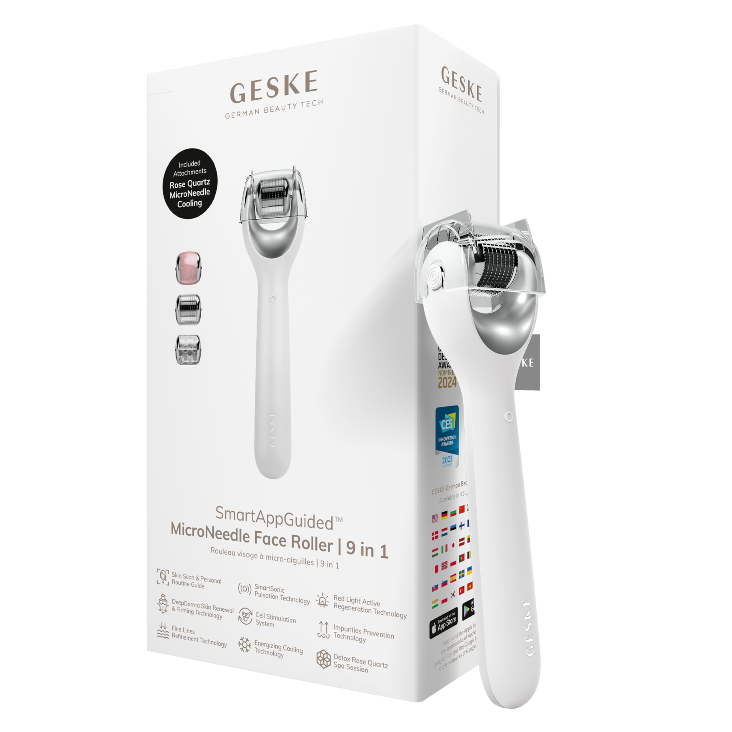 GESKE SmartAppGuided™ MicroNeedle Face Roller | 9 in 1 | Electric derma roller with rose quartz | Professional microneedling device | Needle roller | Beauty roller for face