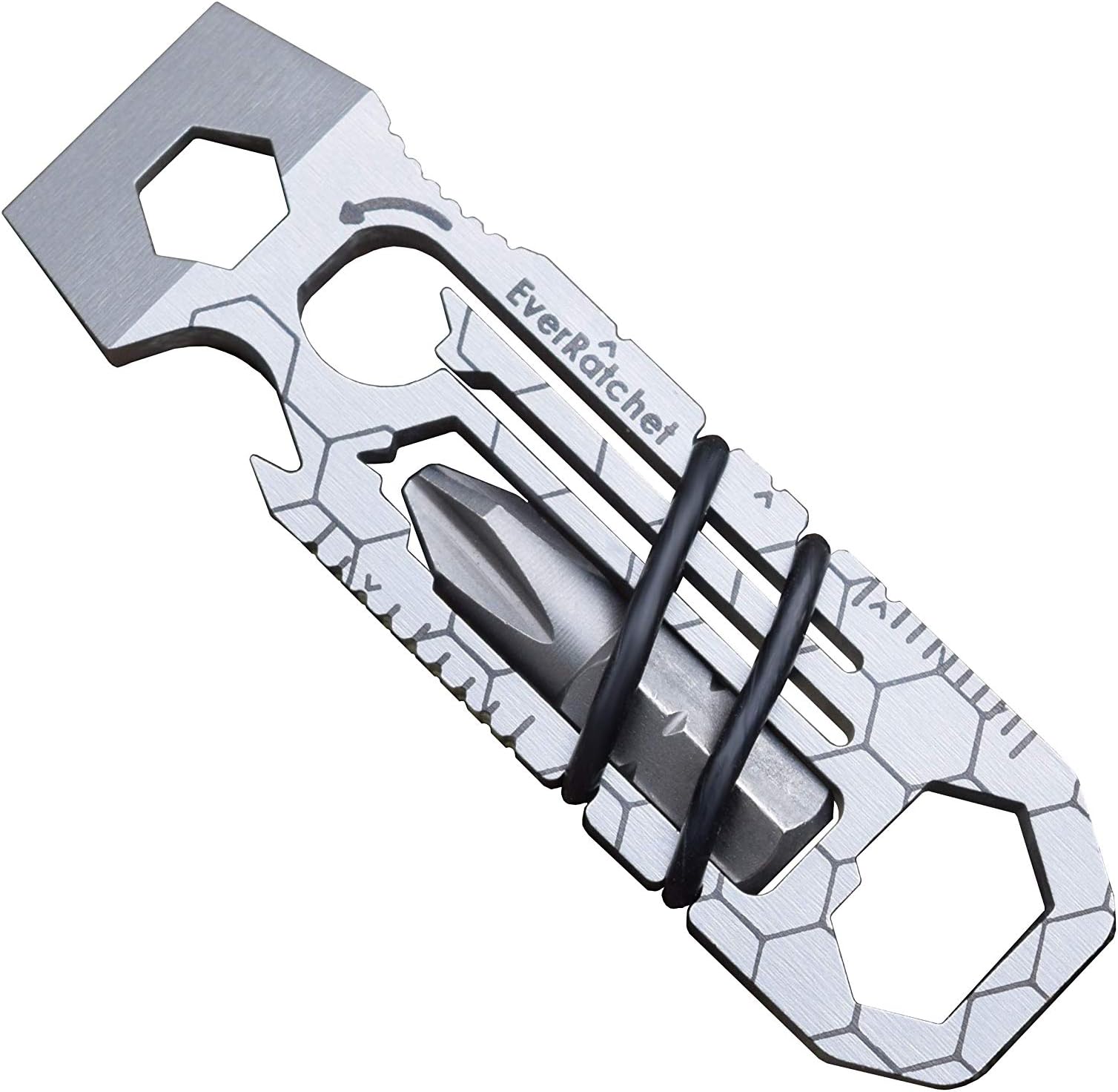 Gear Infusion EverRatchet - Ratcheting Keychain Pocket Multitool with 1/4" Two Way Ratchet, Bottle Opener, Box Opener, 7X Wrenches, Screwdriver, TSA Friendly - EDC Tool in Titanium or Stainless Steel