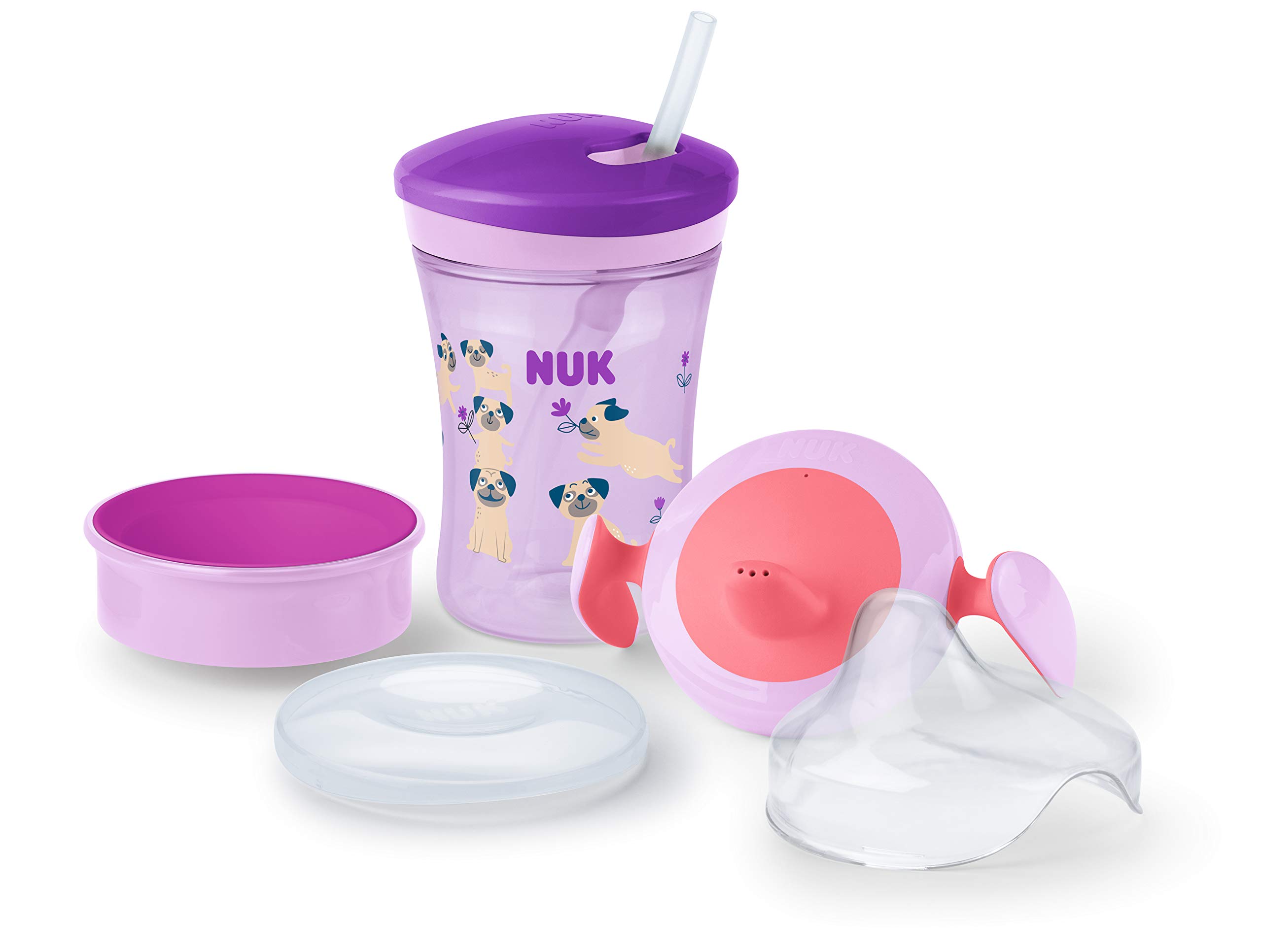 NUK 3-in-1 Training Set | Trainer Cup (6M+), Magic Sippy Cup (8M+), Action Toddler Cup (12M+) | 230 ml | BPA-Free | Pug (Purple)