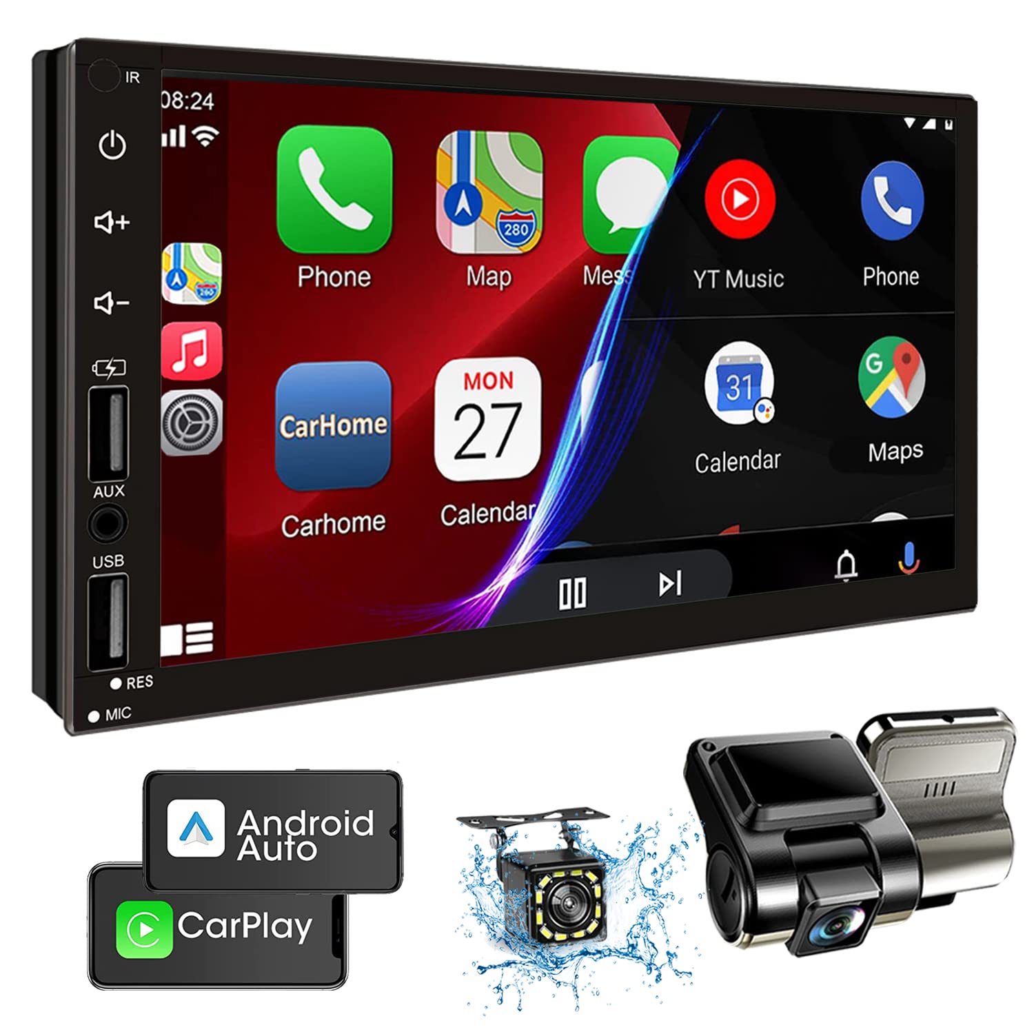 Photo 1 of Leadfan Double Din Car Stereo with Dash Cam, Support Apple Carplay and Android Auto, 7INCH Full HD Touchscreen Car Audio Receivers Double Din Radio with Bluetooth, Camera, FM/2 USB/AUX/Subwoofer/SWC