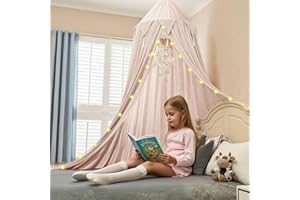 Hommi Lovvi Princess Bed Canopy for Girls, Dreamy Tassels Ceiling Canopy Net Kids Room Decor Soft Nursery Crib Canopy Reading Nook, Large Children Canopies Full Queen Size with Lights - Light Pink