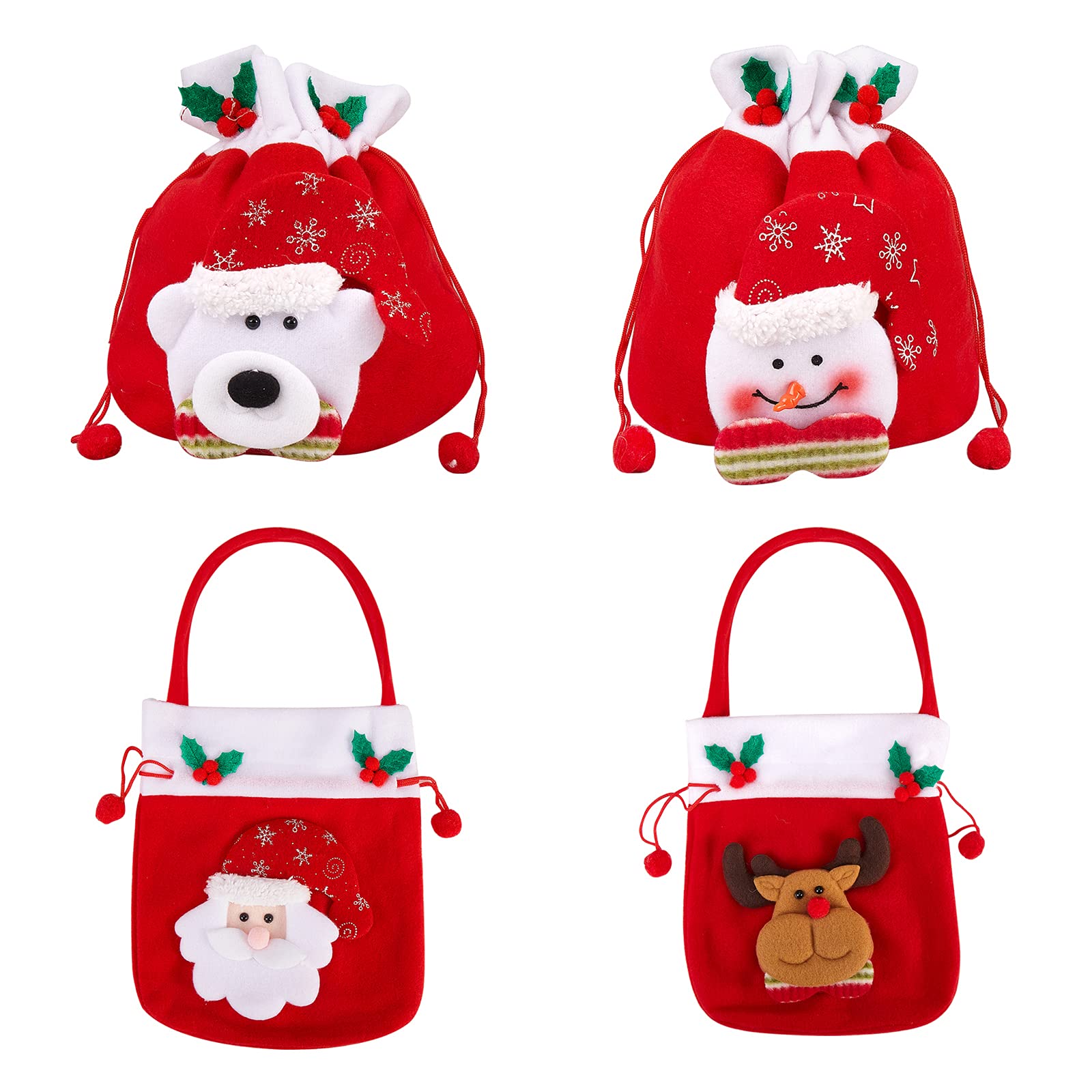 BEEFLYING 4Pcs Christmas Candy Bags with Handle Red Velvet Gift Bags Drawstring Cartoon Doll Bag for Christmas Party Snack Gift Ornaments