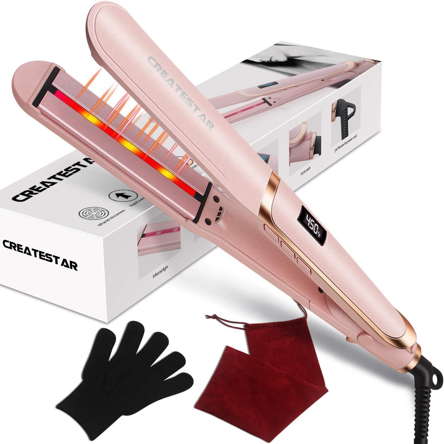 Infrared Flat Iron Hair Straightener 1 Inch Professional Ceramic Tourmaline Flat Iron with Adjustable Temp 230°F- 450°F | Dual Voltage | Incl Glove & Travel Pouch -Pink