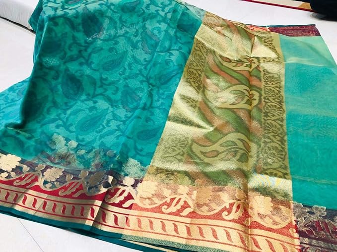 Saree Selection Banarasi Organza Silk Ocean Green Saree With Kalamkari Print and Banarasi Weave Border