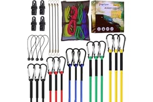 Jogtlyer Bungee Cords with Hookset 28pcs Heavy Duty Outdoor Roll Bungie Cord Bundle with Carabiner Hooks 10" 18" 24" 36" 48" 60" Black Bungee Straps Ball Bungee Cords and Tent Clip