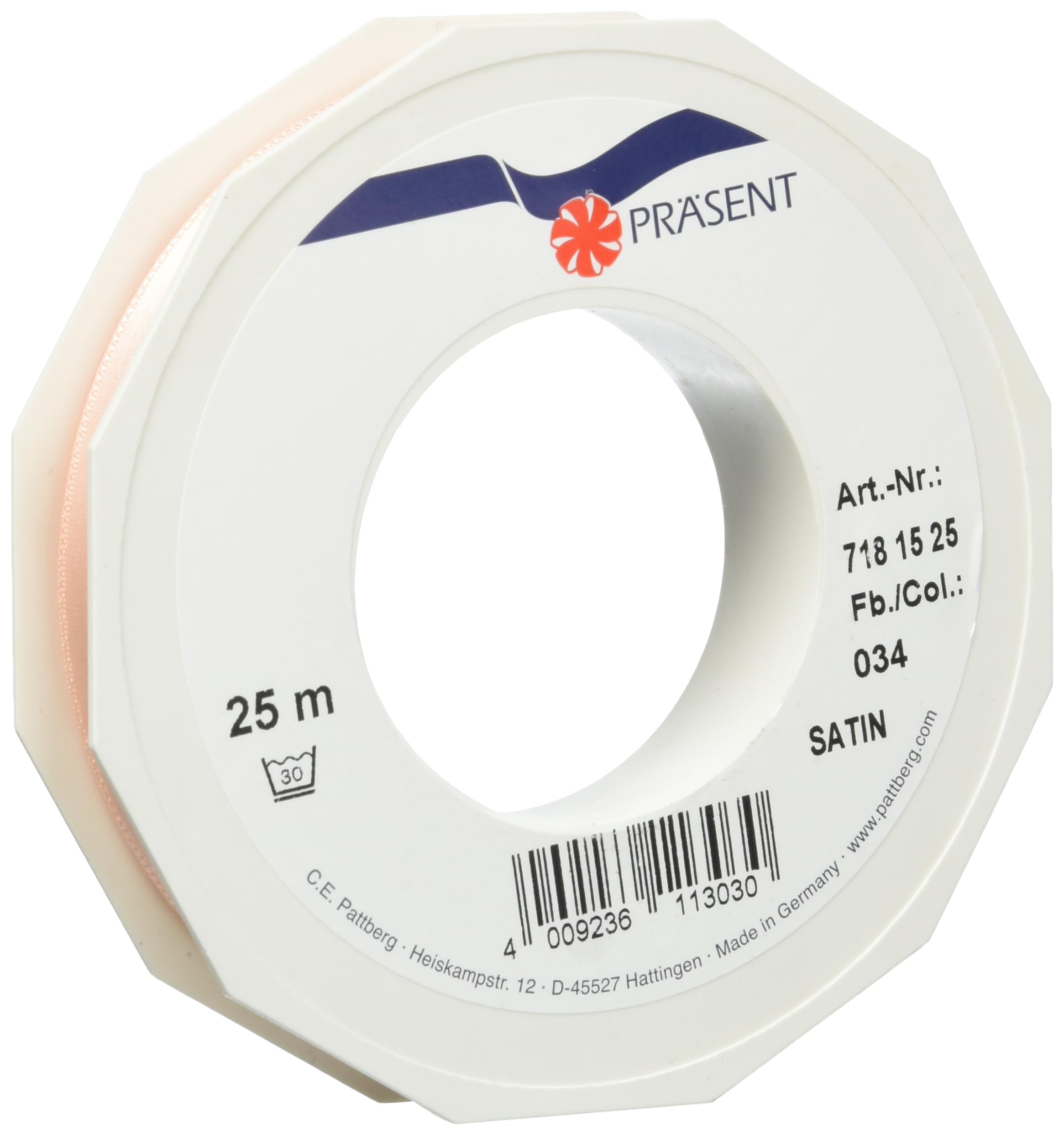 PRÄSENT C.E. Pattberg SATIN apricot gift ribbon, 27 yards for Wrapping Gifts, 0.59 inches width, Ribbon for Decorating & Crafting, Decorative Ribbon for Gifts, for every occasion