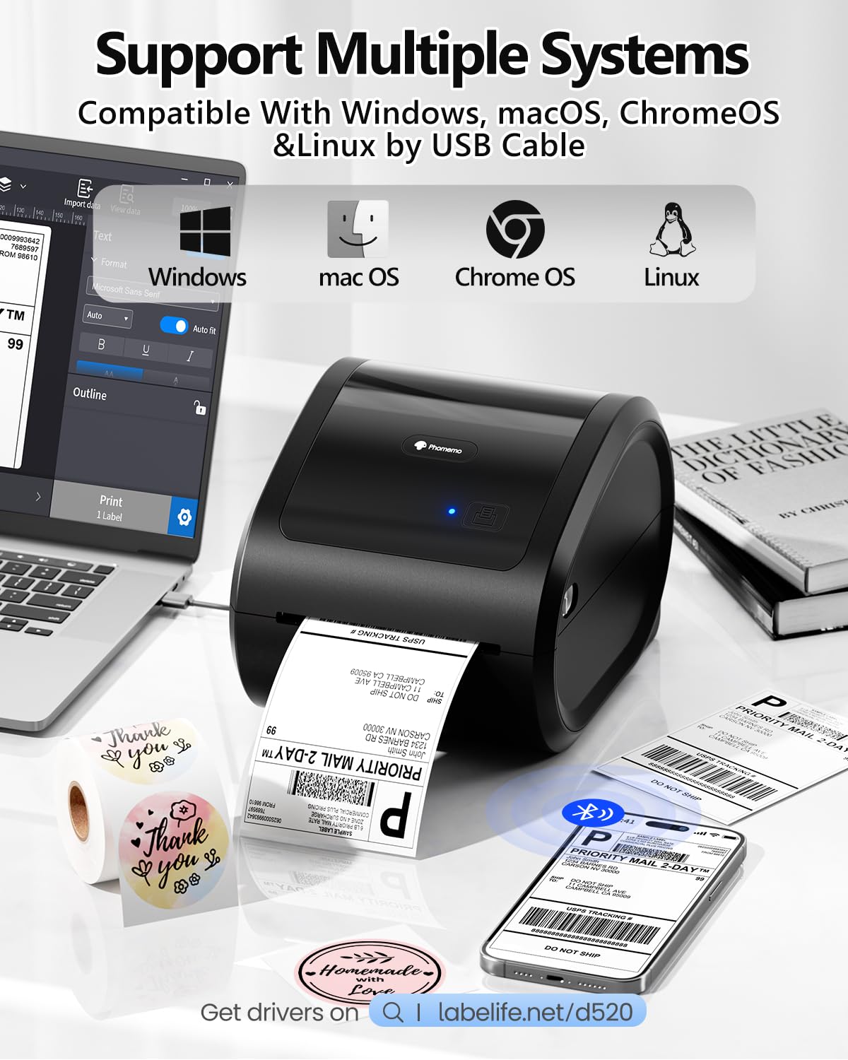 Phomemo Bluetooth Thermal Label Printer 4X6 Wireless Shipping Label Printer Build-in Holder, Thermal Label Maker for Return Shipping Package, Compatible with Amazon, USPS, Shopify, Ebay