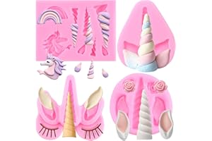 Mujiang Unicorn Silicone Mold Unicorn Horn Ears Eyelash Rainbow Rose Flower Fondant Molds for Cake Decoration Cake Topper Sug