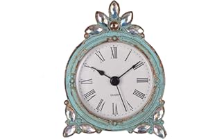 NIKKY HOME Vintage Pewter Quartz Mini Table Clock with Crystal Shining Rhinestone, 2.87 x 1.37 x 3.87 Inches, Aqua