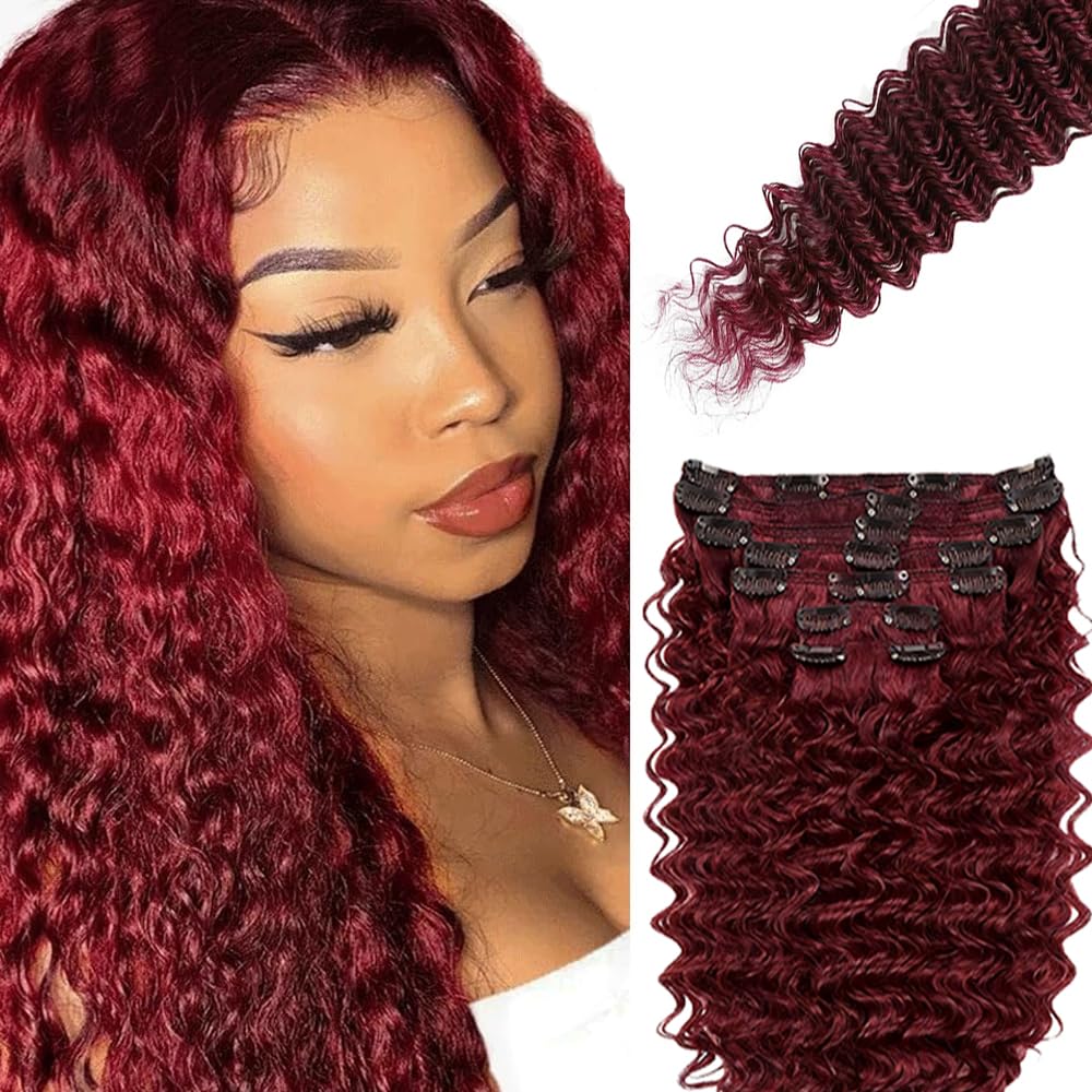 Photo 1 of 99J Burgundy Curly Clip in Hair Extensions,Soft Real Human Hair 120g 7pcs,30 Inch Brazilian Remy Wine Red Clip ins for Women,99J Deep Wave Clip ins Silky Hair Extensions