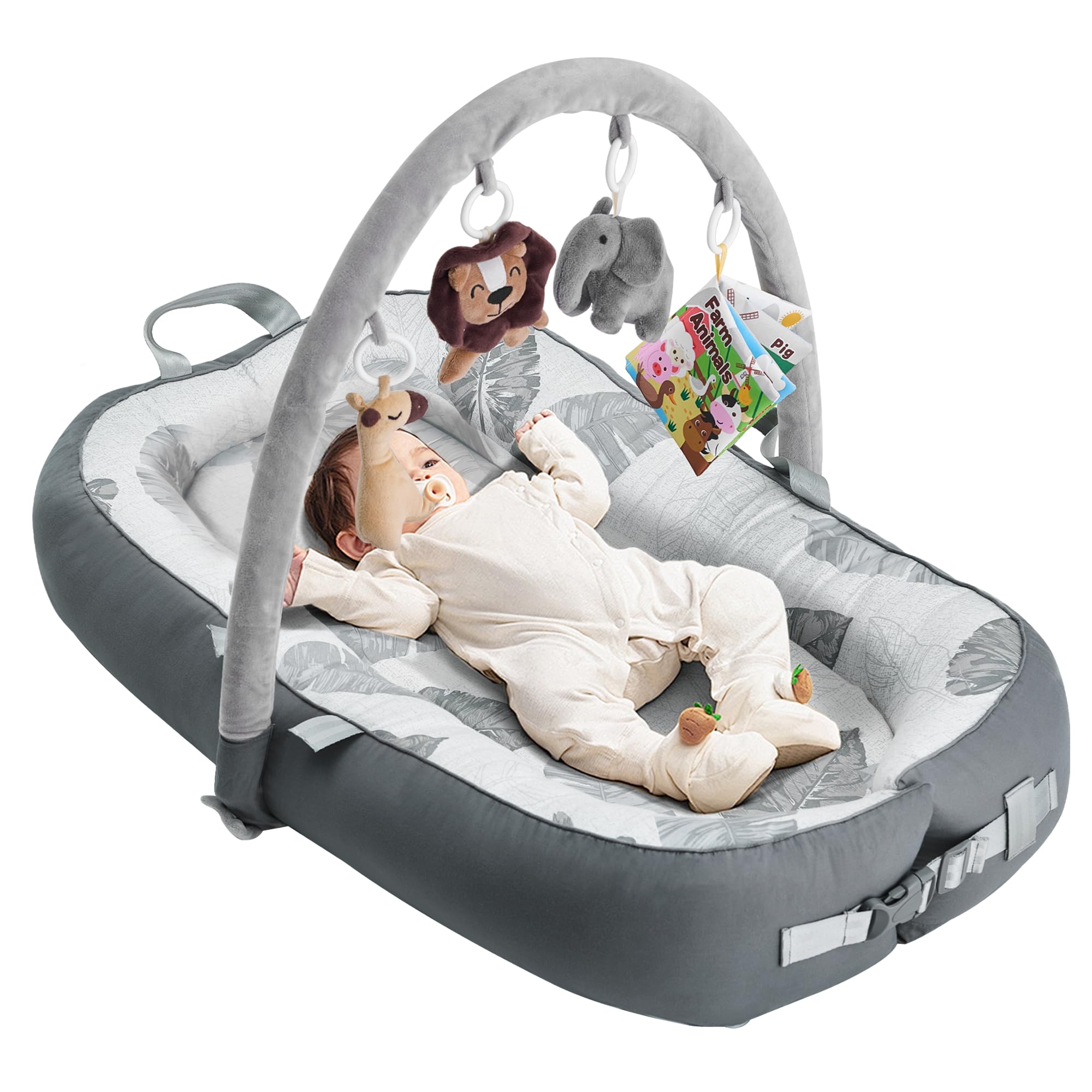 Photo 1 of Blufeish Portable Baby Lounger with 4 Toys,Infant Lounger with Fitness Rack, Breathable & Soft 100% Cotton Newborn Lounger Machine-Washable (Baby Lounger with Fitness Rack)