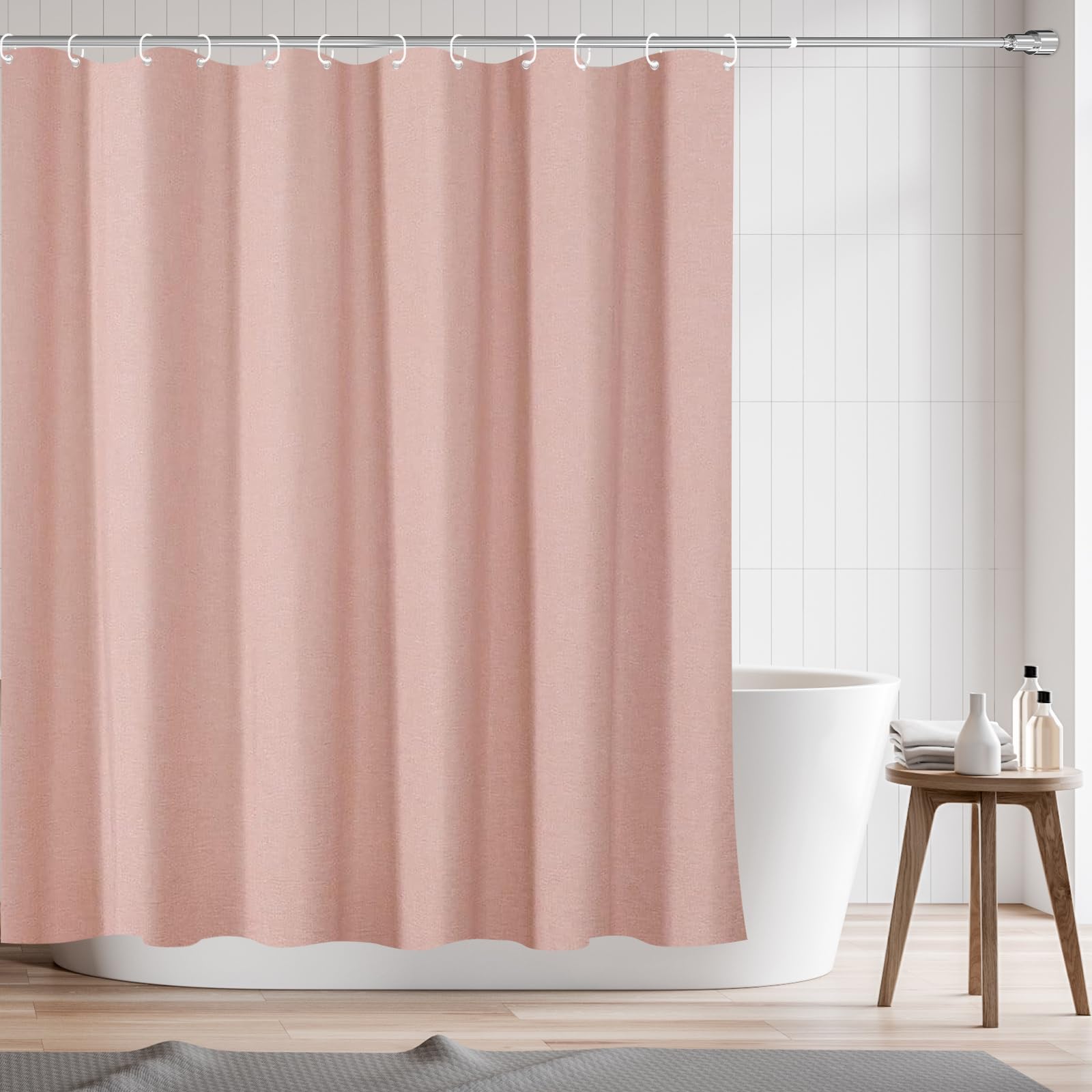 RAYNEAY Natural Linen Water-resistant Shower Curtain, 182x182cm Heavy Duty Fabric Linen Textured Shower Curtain with Weighted Hem and Hooks for Bathroom Wet Room Bathtub (Pink)