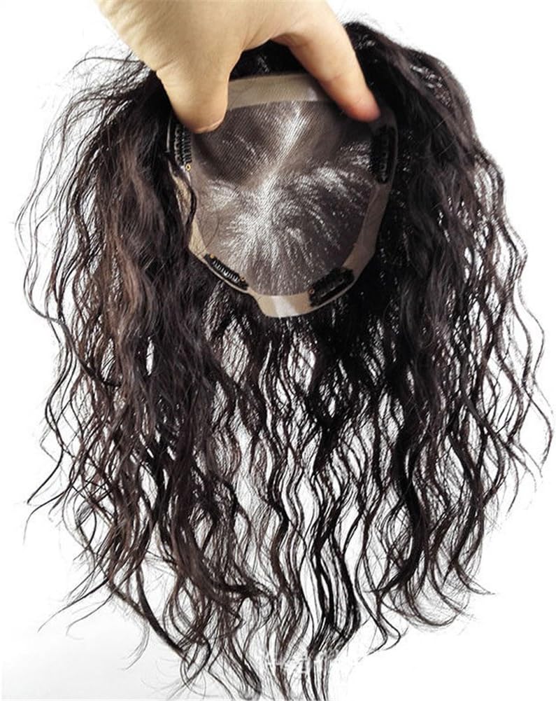 13x14cm Womens Curly Human Hair Toppers Toupee Mono Crown Hairpieces for Thinning Hair with Clip (50cm Off Black)